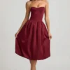 Rochie midi Gloriana cu talie înaltă, detaliu fundă și tiv bufant, în culoarea roșu vin