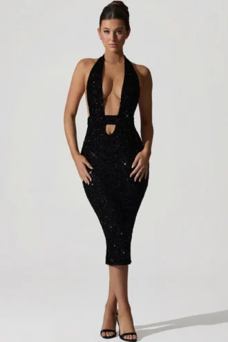 Rochie midi Harlyn cu decupaje și spate decupat, în negru Rochie midi Harlyn cu decupaje și spate decupat, în negru