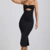 Rochie midi Julane din jersey elastic, cu drapaje și decupaje, în culoarea negru
