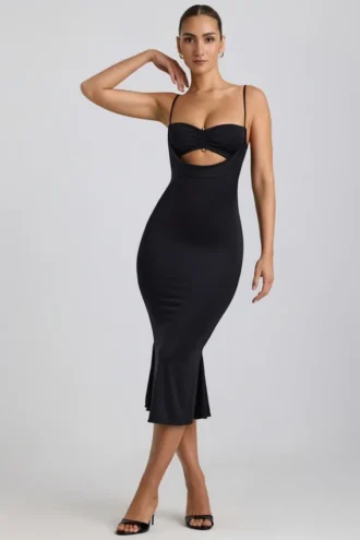 Rochie midi Julane din jersey elastic, cu drapaje și decupaje, în culoarea negru Rochie midi Julane din jersey elastic, cu drapaje și decupaje, în culoarea negru