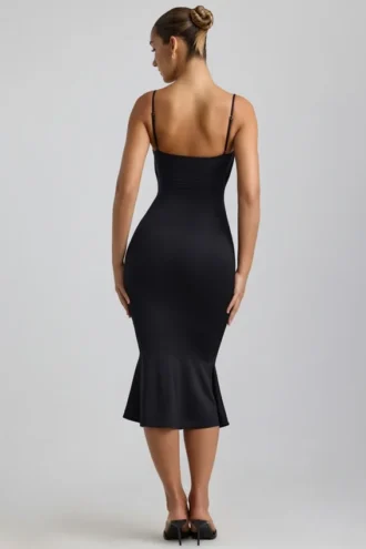 Rochie midi Julane din jersey elastic, cu drapaje și decupaje, în culoarea negru Rochie midi Julane din jersey elastic, cu drapaje și decupaje, în culoarea negru