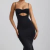 Rochie midi Julane din jersey elastic, cu drapaje și decupaje, în culoarea negru