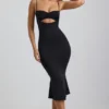 Rochie midi Julane din jersey elastic, cu drapaje și decupaje, în culoarea negru