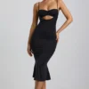 Rochie midi Julane din jersey elastic, cu drapaje și decupaje, în culoarea negru