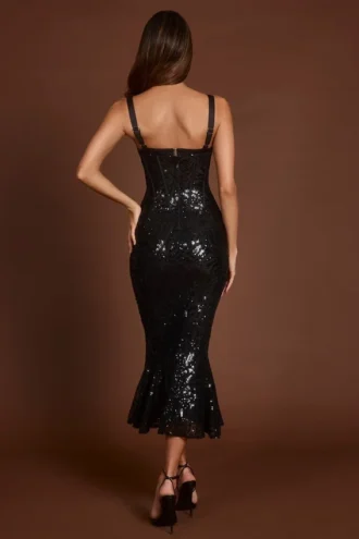 Rochie midi-lungă Raffaella cu corset decupat și ornamente, în model zebră neagră Rochie midi-lungă Raffaella cu corset decupat și ornamente, în model zebră neagră