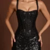 Rochie midi-lungă Raffaella cu corset decupat și ornamente, în model zebră neagră