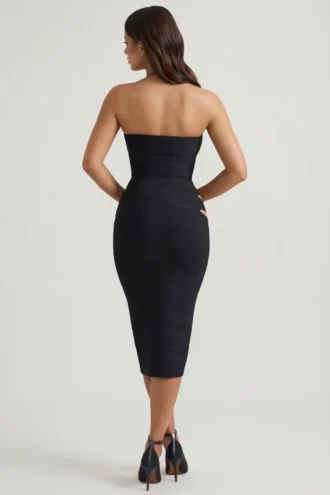 Rochie midi mulată cu decupaje și gât halter Nika, negru Rochie midi mulată cu decupaje și gât halter Nika, negru