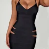 Rochie midi mulată cu decupaje și gât halter Nika, negru