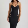 Rochie midi mulată cu decupaje și gât halter Nika, negru
