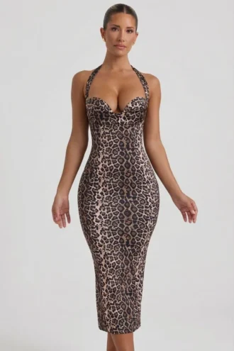 Rochie midi mulată cu gât halter și straturi Ismay, cu imprimeu leopard Rochie midi mulată cu gât halter și straturi Ismay, cu imprimeu leopard
