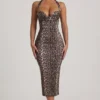 Rochie midi mulată cu gât halter și straturi Ismay, cu imprimeu leopard