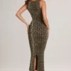 Rochie midi mulată cu gât pătrat din modal Ainslee, cu imprimeu leopard