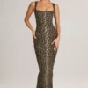 Rochie midi mulată cu gât pătrat din modal Ainslee, cu imprimeu leopard