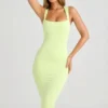 Rochie midi mulată cu gât pătrat din modal Ainslee, în verde Matcha
