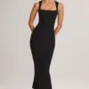 Rochie midi mulată cu gât pătrat din modal Ainslee, negru