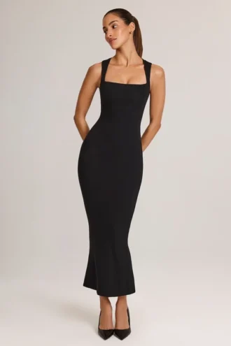 Rochie midi mulată cu gât pătrat din modal Ainslee, negru Rochie midi mulată cu gât pătrat din modal Ainslee, negru