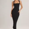 Rochie midi mulată cu gât pătrat din modal Ainslee, negru
