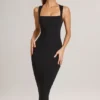 Rochie midi mulată cu gât pătrat din modal Ainslee, negru