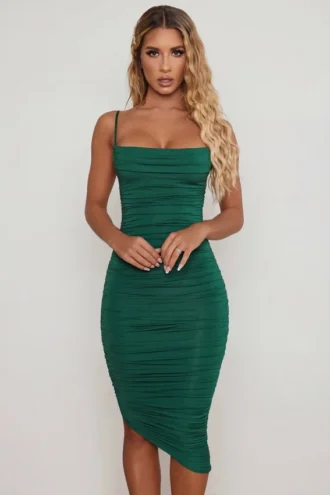Rochie midi mulată cu guler cowl și drapaje, de culoare verde, din colecția You’re My Type Rochie midi mulată cu guler cowl și drapaje, de culoare verde, din colecția You’re My Type