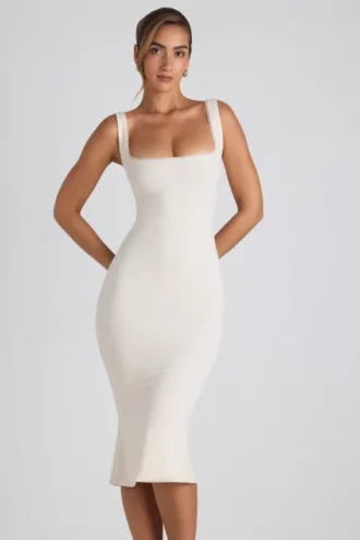 Rochie midi Navi din modal cu bordură din dantelă, culoare ivoriu Rochie midi Navi din modal cu bordură din dantelă, culoare ivoriu