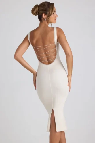 Rochie midi Navi din modal cu bordură din dantelă, culoare ivoriu Rochie midi Navi din modal cu bordură din dantelă, culoare ivoriu