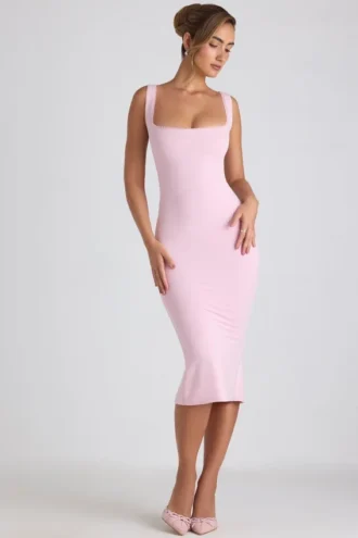Rochie midi Navi din modal cu bordură din dantelă, în roz pal Rochie midi Navi din modal cu bordură din dantelă, în roz pal