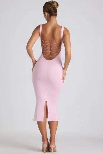 Rochie midi Navi din modal cu bordură din dantelă, în roz pal Rochie midi Navi din modal cu bordură din dantelă, în roz pal