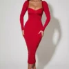 Rochie midi roșie Deliana cu detalii de sutien și volane