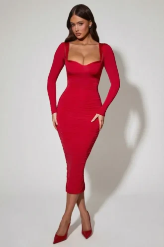 Rochie midi roșie Deliana cu detalii de sutien și volane Rochie midi roșie Deliana cu detalii de sutien și volane