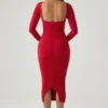 Rochie midi roșie Deliana cu detalii de sutien și volane