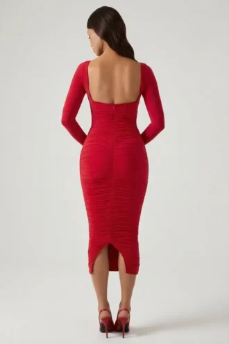 Rochie midi roșie Deliana cu detalii de sutien și volane Rochie midi roșie Deliana cu detalii de sutien și volane