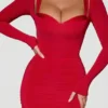 Rochie midi roșie Deliana cu detalii de sutien și volane