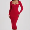 Rochie midi roșie Deliana cu detalii de sutien și volane