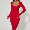 Rochie midi roșie Deliana cu detalii de sutien și volane