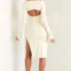 Rochie midi Sawyer cu guler pătrat și mâneci lungi, culoare ivoriu
