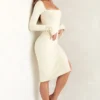 Rochie midi Sawyer cu guler pătrat și mâneci lungi, culoare ivoriu