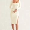 Rochie midi Sawyer cu guler pătrat și mâneci lungi, culoare ivoriu