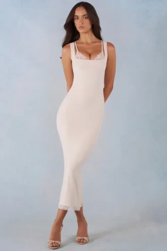 Rochie midi Sorelle din modal cu bordură din dantelă, culoare ivoriu Rochie midi Sorelle din modal cu bordură din dantelă, culoare ivoriu