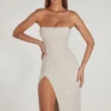 Rochie midi Verbier cu guler tip cowl și bandă decorată, culoare ivoriu