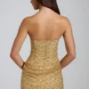 Rochie mini A-line cu bandă și ornamente Amalina, în culoarea auriu