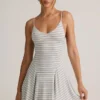 Rochie mini A-line cu bretele și drapaj în spate, din modal, cu dungi albastre și galbene