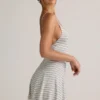 Rochie mini A-line cu bretele și drapaj în spate, din modal, cu dungi albastre și galbene