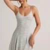 Rochie mini A-line cu bretele și drapaj în spate, din modal, cu dungi albastre și galbene