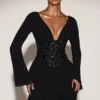 Rochie mini A-line cu corset decorat din șifon Reinara, negru