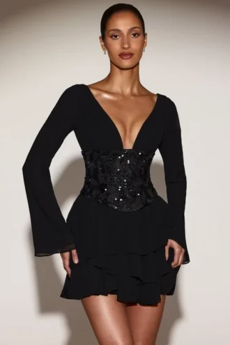Rochie mini A-line cu corset decorat din șifon Reinara, negru Rochie mini A-line cu corset decorat din șifon Reinara, negru
