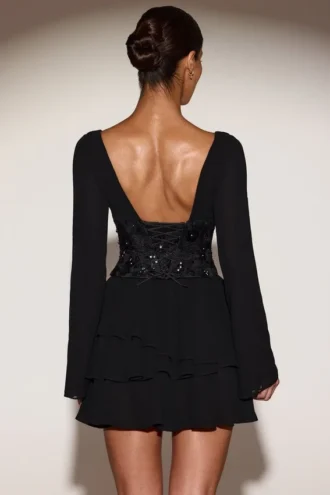 Rochie mini A-line cu corset decorat din șifon Reinara, negru Rochie mini A-line cu corset decorat din șifon Reinara, negru