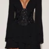 Rochie mini A-line cu corset decorat din șifon Reinara, negru