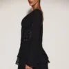 Rochie mini A-line cu corset decorat din șifon Reinara, negru