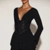 Rochie mini A-line cu corset decorat din șifon Reinara, negru