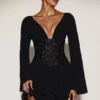 Rochie mini A-line cu corset decorat din șifon Reinara, negru